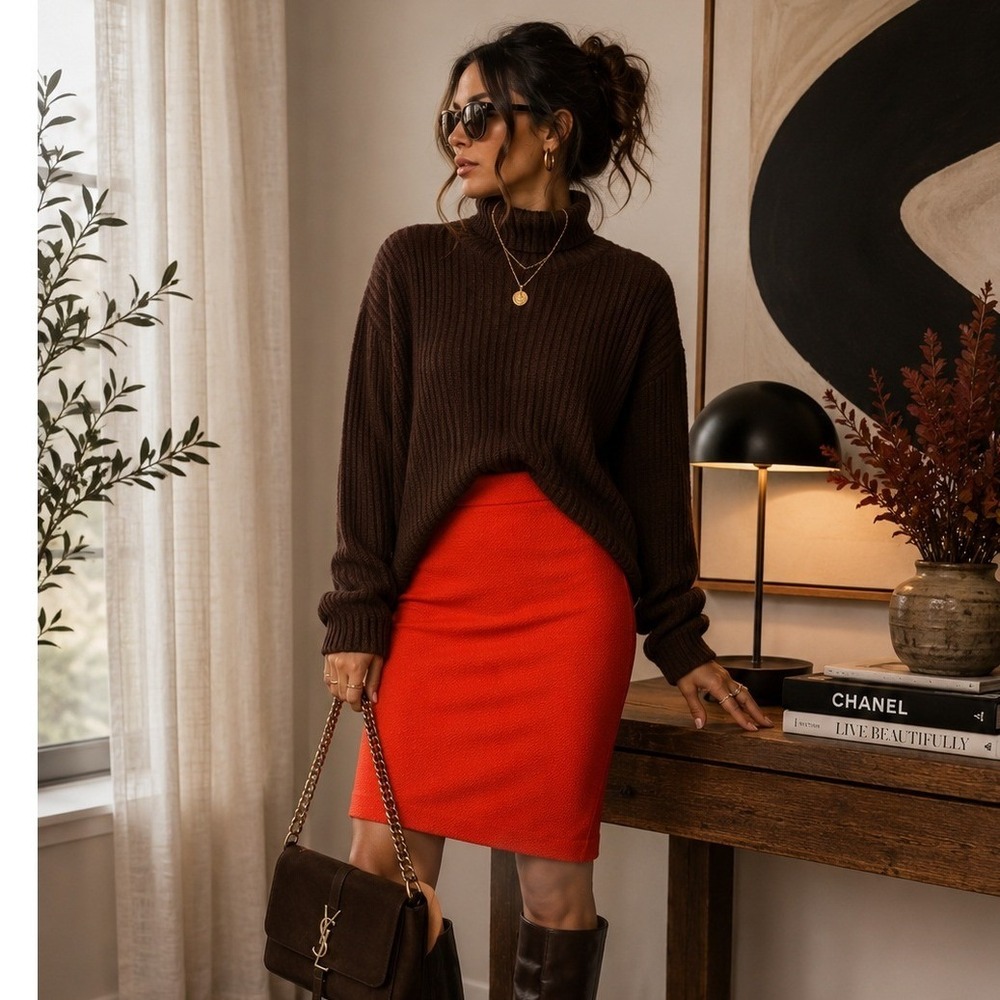 Ann Taylor Orange Red Textured Jacquard Pencil Skirt Size 8 Knee Length Office